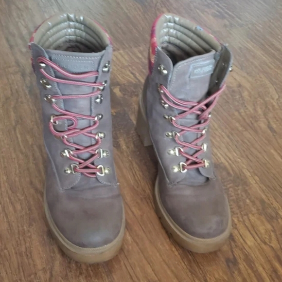 Tommy Hilfiger sz 10 Brown red plaid Lace Up Bootie chunky block heel - Picture 2 of 12